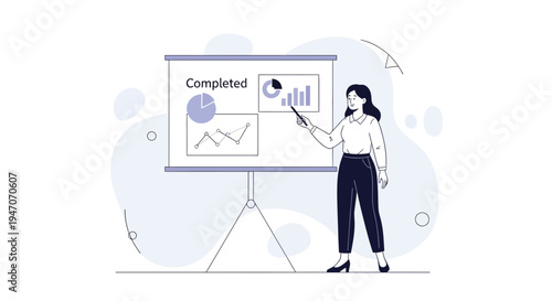 Businesswoman presenting completed project charts on a whiteboard in a modern office