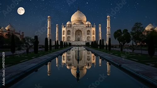 Taj Mahal at Night with Moon Reflection.