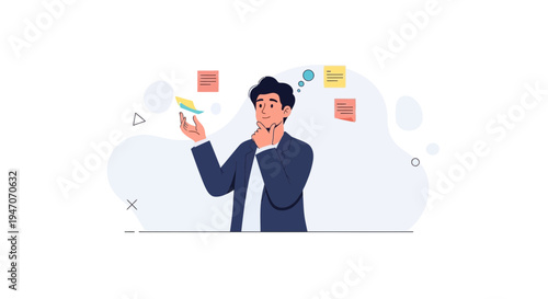 Man thinking with sticky notes, business strategy, planning, ideas, decision making, brainstorming