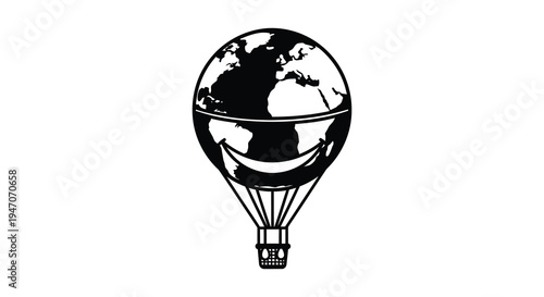 A black and white illustration of earth as a hot air balloon