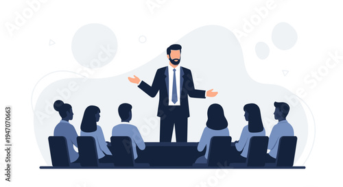 Business meeting: Speaker addresses audience in conference room, modern flat illustration