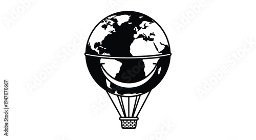 A black and white illustration of earth encased in a hot air balloon