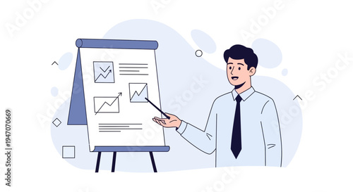 Businessman presenting financial charts on a whiteboard, business strategy and analysis concept