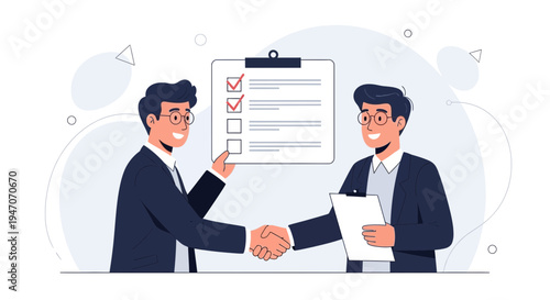 Businessmen shaking hands over checklist, agreement and successful deal concept