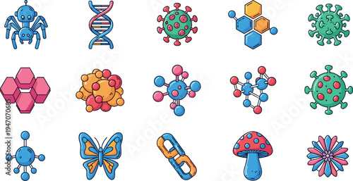 Science and nature icons set with DNA, molecule, virus, bacteria, nanotechnology, butterfly, mushroom, flower, and genetic engineering symbols, vector illustration isolated on white.