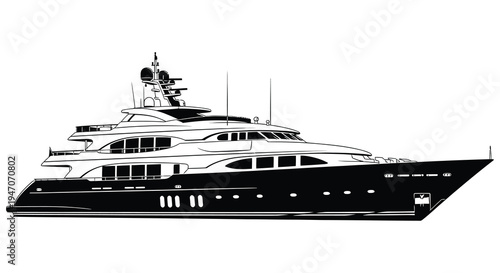 Detailed black and white illustration of a large modern luxury yacht at sea