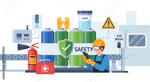 Workplace Safety & Occupational Health in Industrial Environment. Worker with PPE, Fire Extinguisher, Eye Wash, and First Aid Kit.