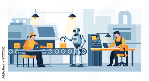 Smart Factory Automation: Robot and Human Workers Collaborating in Modern Production Industry