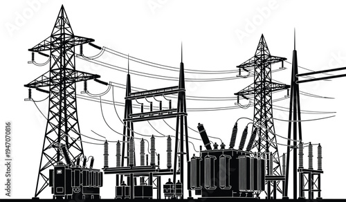 Black and white line art illustration of an electrical power substation with high voltage towers