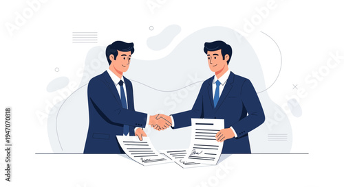 Two businessmen shaking hands over signed contracts, symbolizing agreement and partnership
