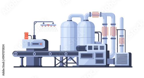Industrial Processing Plant Flat Vector Illustration. Automated Production Line with Tanks, Conveyor Belt, and Manufacturing Equipment