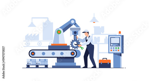 Industrial Automation & Maintenance: Worker with Robotic Arm Assembling Engine Piston on Production Line in Modern Factory