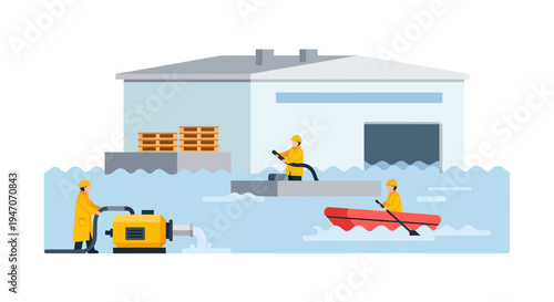 Workers Pumping Water from Flooded Industrial Building: Emergency Flood Recovery & Disaster Response