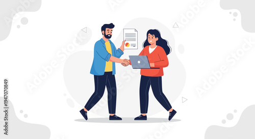 Business partners shaking hands over contract with laptop, teamwork and agreement concept
