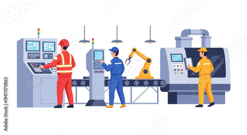 Industrial Automation and Manufacturing Process: Factory Workers Operating Modern Machinery with Robotic Arm on a Production Line