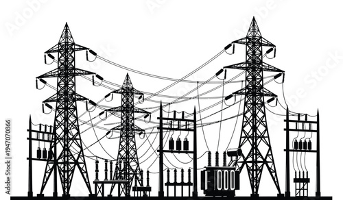 A detailed black and white line art illustration of high voltage electrical power transmission towers