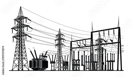 A detailed black and white line drawing of a power plant facility with high voltage transmission