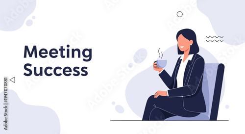 Businesswoman enjoying coffee break after successful meeting, modern illustration