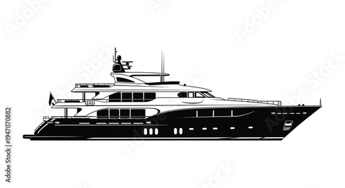 Sleek black and white illustration of a large modern luxury yacht at sea