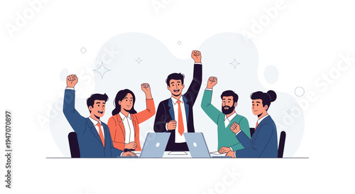 Successful Business Team Celebrating Victory with Raised Fists and Laptops