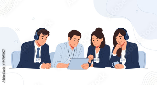 Diverse team collaborating on a tablet, business meeting, modern office, teamwork