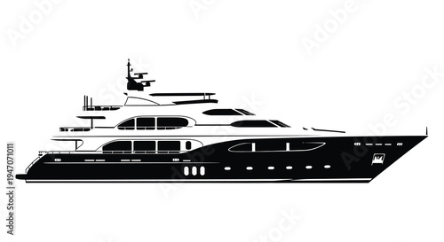 Sleek black and white silhouette of a large modern yacht at sea
