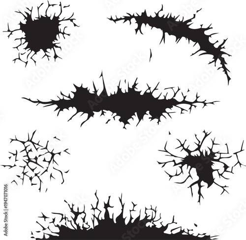 Abstract black ink blots and grunge splatters create a decorative vector illustration background with a silhouette tree element and textured paint frame