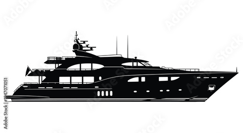 Sleek black silhouette of a large modern yacht at sea