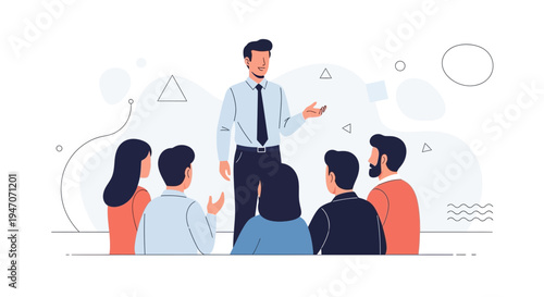 Business meeting: Speaker presenting to diverse group of colleagues in modern office setting