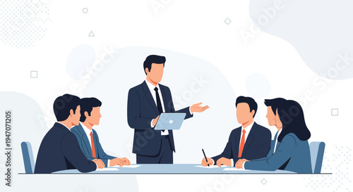 Business Meeting: Team Collaboration and Presentation with Laptop