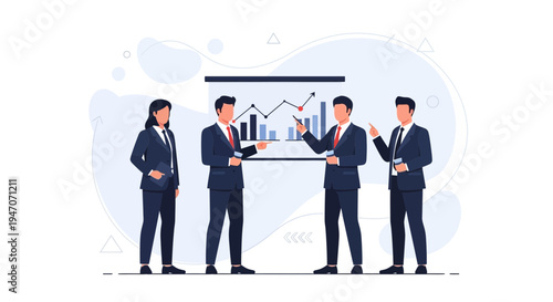 Business team presenting financial growth chart on a whiteboard, teamwork strategy