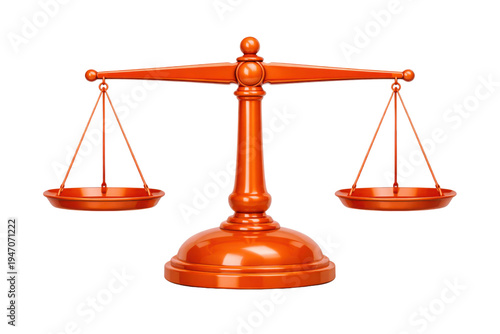 白い背景に置かれた、光沢のあるオレンジ色の木製天秤のクローズアップ。バランス、正義、公平、比較、評価を象徴する、商業利用に適した高品質な写真素材。