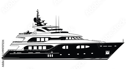 A detailed black and white illustration of a large luxurious yacht at sea