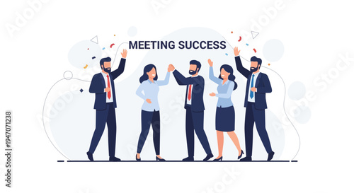 Business Team Celebrating Meeting Success with High Fives and Confetti