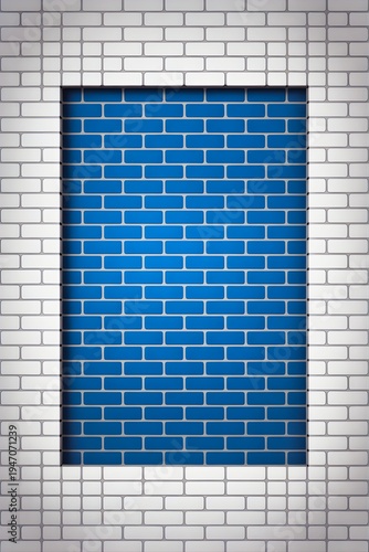 Wall Design Illustration Featuring White Glossy Rectangular Bricks Framing Inner Blue Brick Section Highlighting Contrast Depth and Modern Architectural Decorative Concept