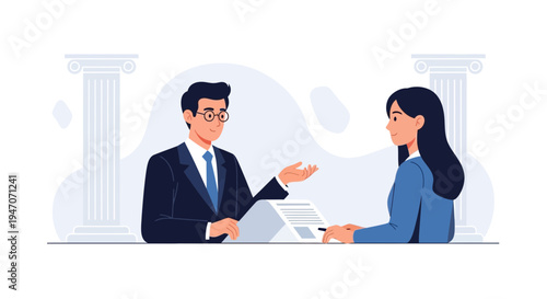 Lawyer consulting client with legal documents, justice pillars background