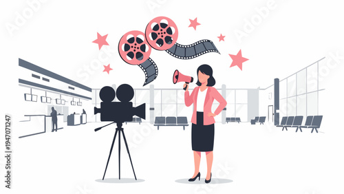 Vector illustration of a woman with a megaphone and a vintage film camera, symbolizing movie production and broadcasting, with stars and film reel elements