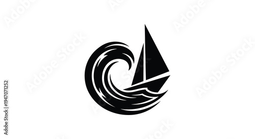 A black silhouette of a sailboat navigating a swirling wave design