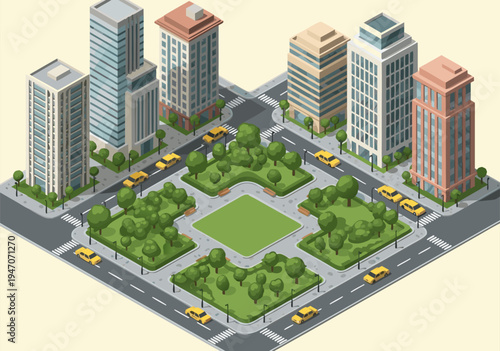 Isometric vector illustration of a city block with buildings, trees, and cars, vibrant urban landscape art
