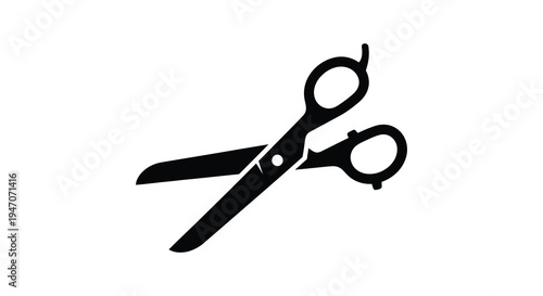 A striking black silhouette of open scissors against a plain white background emphasizing simplicity and form silhouette