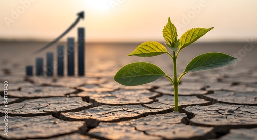 A small green plant grows in the cracked earth