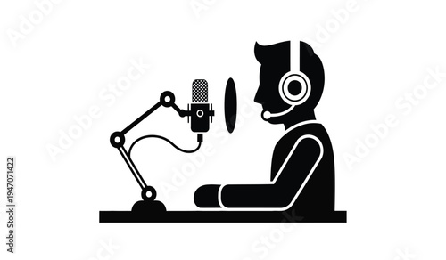 A black silhouette icon of a podcaster speaking into a professional microphone on a boom arm stand
