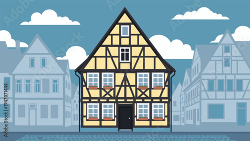 Charming half-timbered house vector illustration with traditional European architecture and cloudy sky
