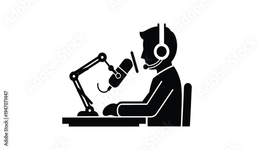 A silhouette icon of a radio show host speaking into a boom arm microphone while wearing headset