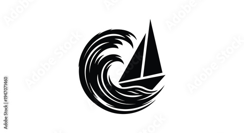 A stylized black silhouette of a sailboat navigating a swirling ocean wave