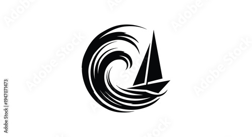 A swirling wave design with a silhouetted sailboat on a white background