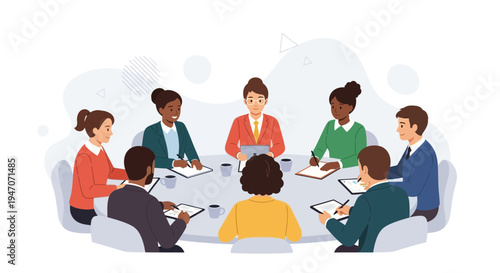 Diverse business team meeting around a round table discussing ideas and strategy