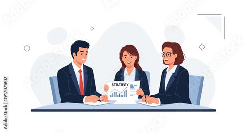 Business meeting: three professionals discussing strategy and charts in an office.