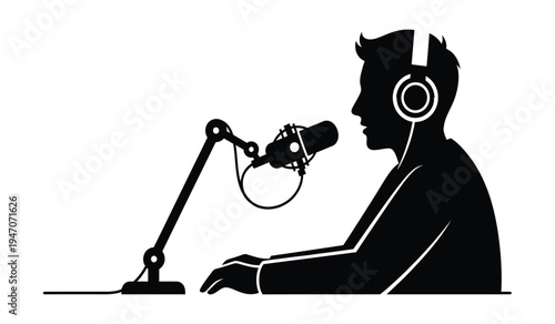 Black silhouette of a male podcast host speaking into a professional microphone wearing headphones