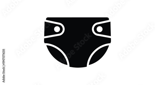 A simple black graphic depicts a baby diaper complete with fastenings and curved shape as a silhouette